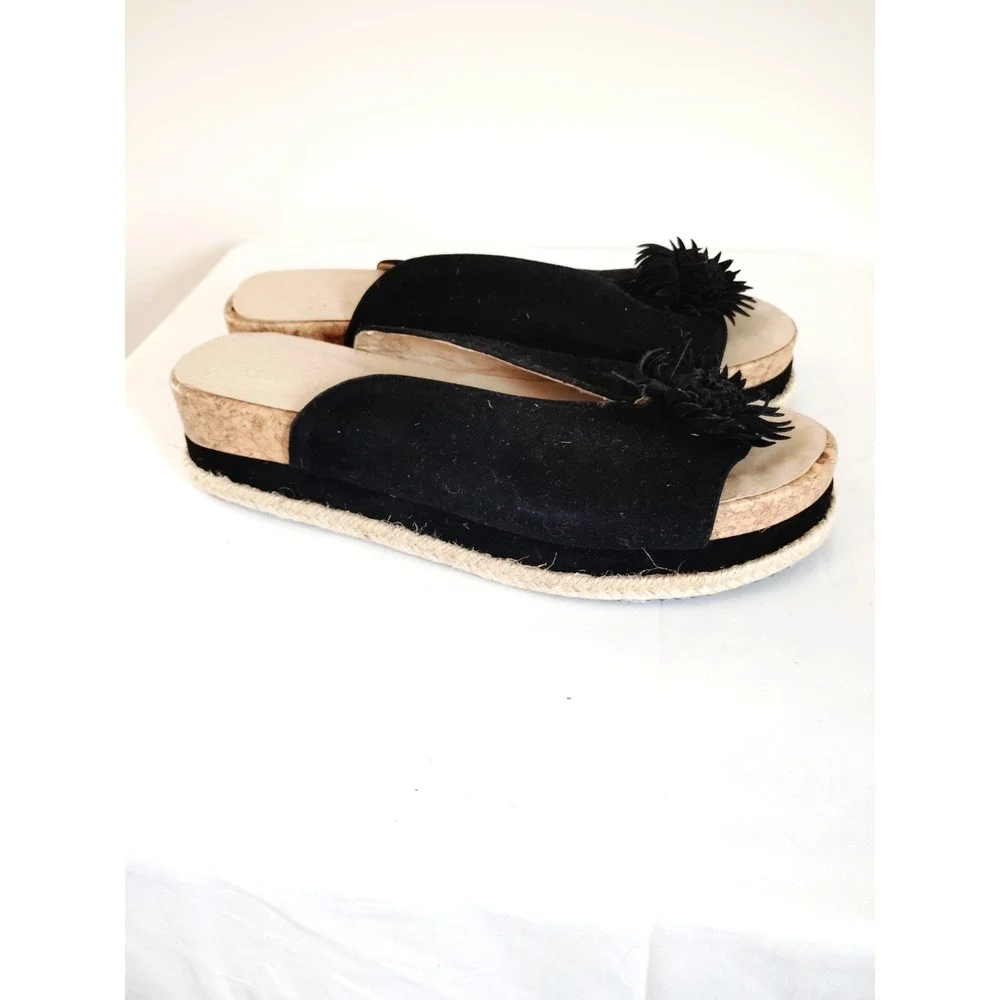 Women 10 Black Slip‑On Flower Cork Platform Gothic Boho Sandals   Woven Sole EUC